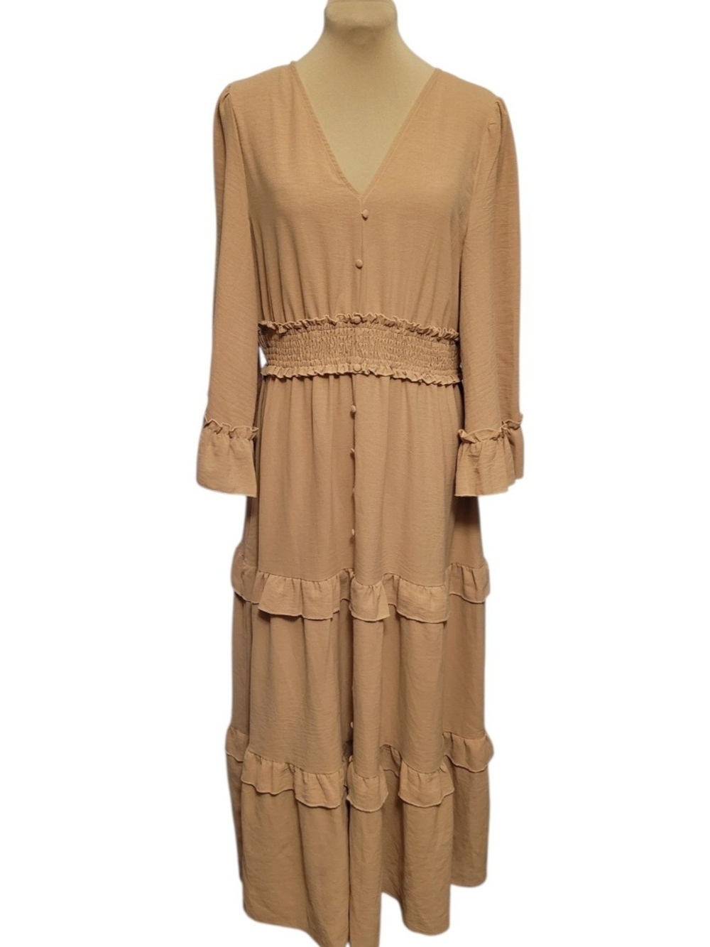 Simple Tan V-Neck Smocked Waist Tiered Maxi Dress